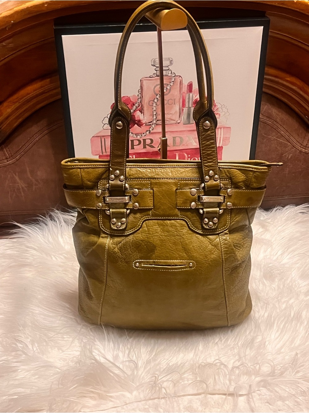 b. makowsky Olive Green Leather Tote with Studded Buckle Detail